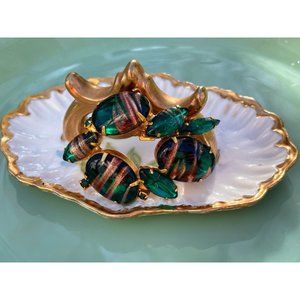 Vintage Green And Gold Glitter Glass Cab Rhinestone Brooch